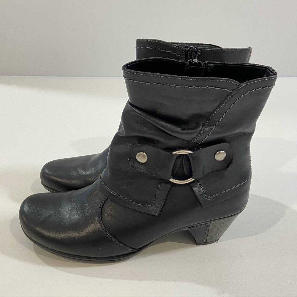 Remonte black leather ankle boots buckle strap side zip european style 38 NWOT